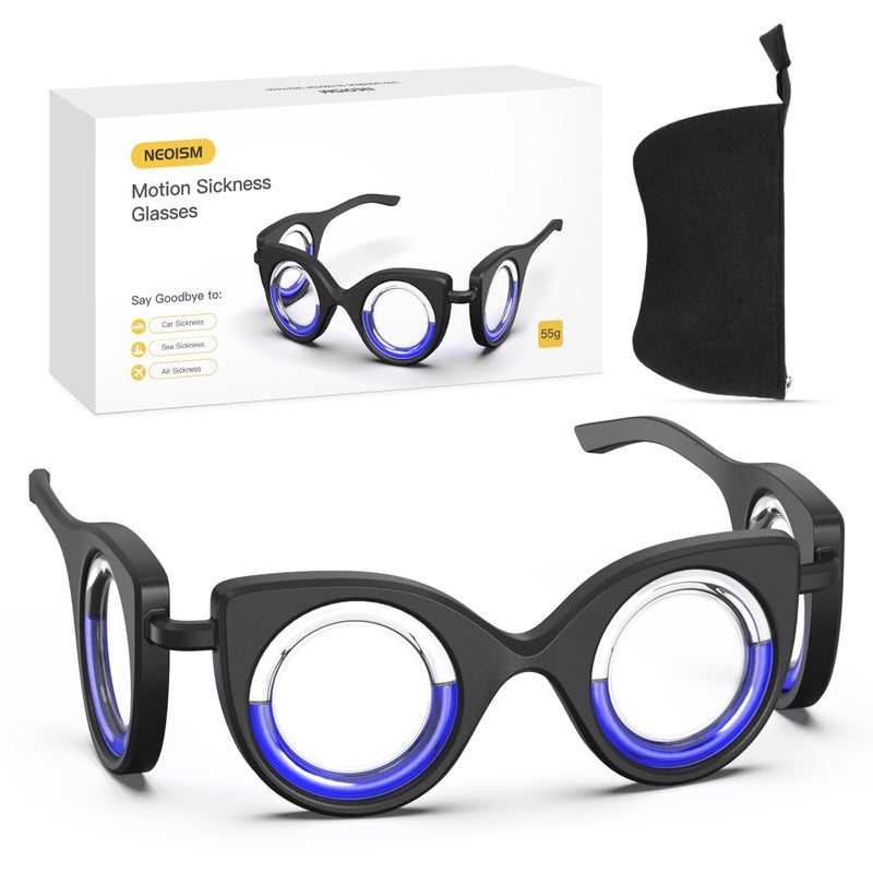 NEOISM Anti Motion Sickness Glasses, Car Sickness Glasses Relief Nausea & Dizziness, Portable Lensless Design for Car Sickness, Air Sickness, Sea Sickness, Road Trip Essentials, Full Black Bag - Image 1