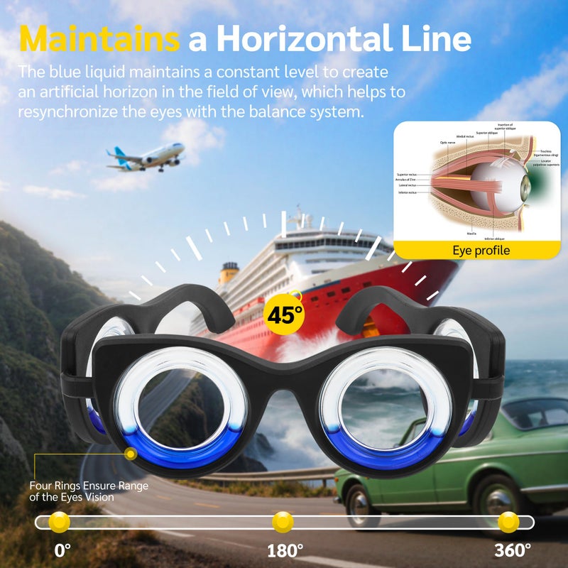 NEOISM Anti Motion Sickness Glasses, Car Sickness Glasses Relief Nausea & Dizziness, Portable Lensless Design for Car Sickness, Air Sickness, Sea Sickness, Road Trip Essentials, Full Black Bag - Image 2