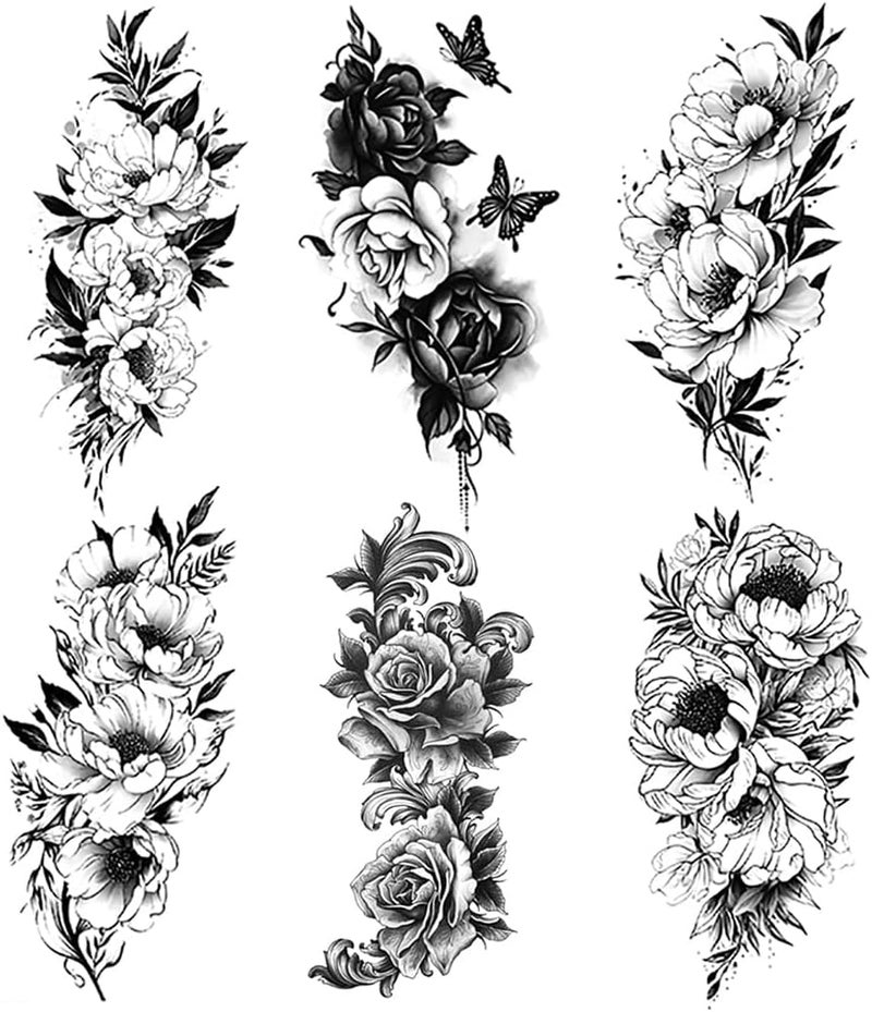 Yesallwas 6 Sheets Black Flower Tattoo Sleeves Temporary Water Transfer Sticker Peony Rose Tattoos Girl Sexy Arm Tatto Body Art