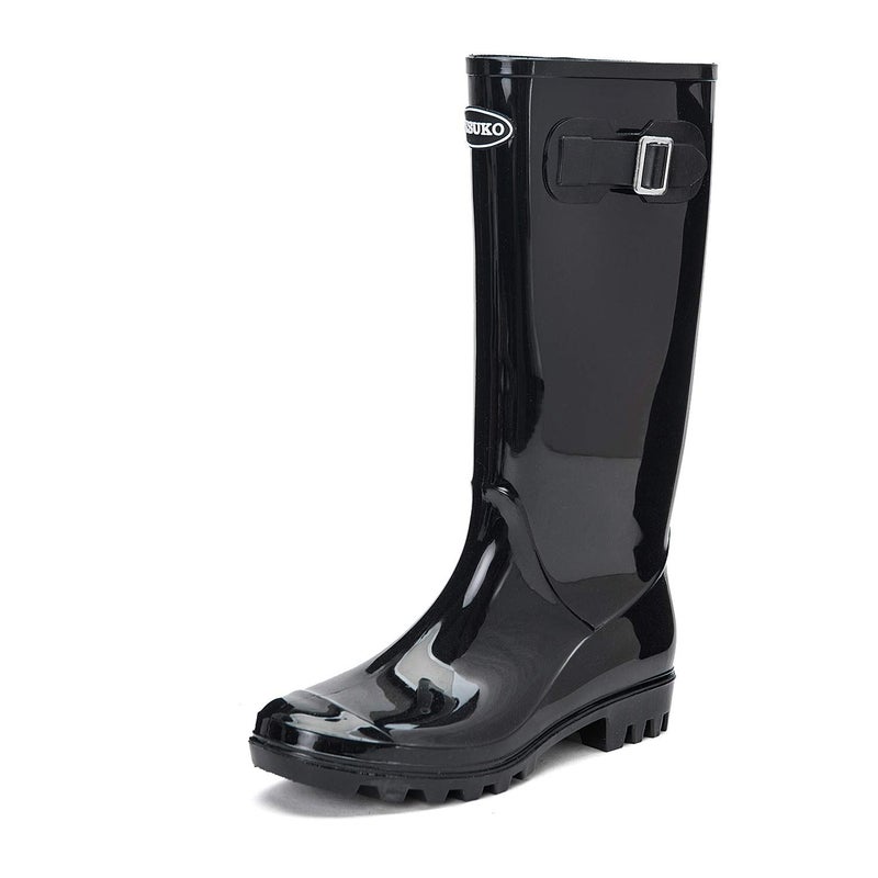 DKSUKO Women's Tall Rain Boots Waterproof Wellington Boots (8 B(M) US, Bright Black) - Image 1