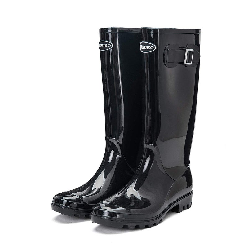 DKSUKO Women's Tall Rain Boots Waterproof Wellington Boots (8 B(M) US, Bright Black) - Image 4