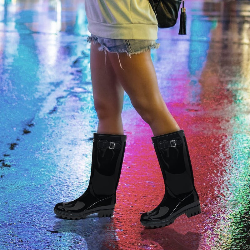 DKSUKO Women's Tall Rain Boots Waterproof Wellington Boots (8 B(M) US, Bright Black) - Image 2