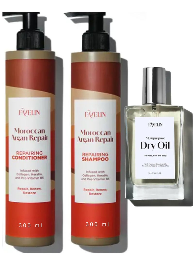 ڤاڨلين مجموعة فافيلين لإصلاح الشعر بالأرجان المغربي شامبو (300 مل) وبلسم (300 مل) وزيت جاف (50 مل) - Image 1