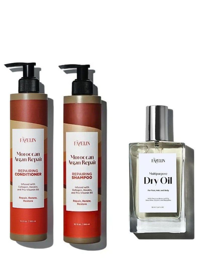 ڤاڨلين مجموعة فافيلين لإصلاح الشعر بالأرجان المغربي شامبو (300 مل) وبلسم (300 مل) وزيت جاف (50 مل) - Image 2