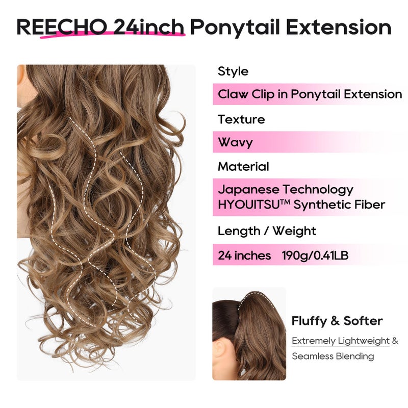 REECHO Ponytail Extension, 24" Claw Clip in Ponytail Extensions Long Curly Wavy Ponytail Hair Extension Jaw Clip on Pony Tails Hairpiece for Women - Dark Ash Blonde with Golden Ends - Image 2