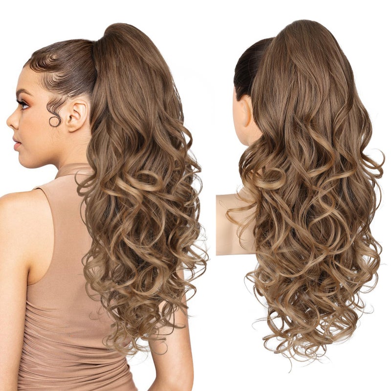 REECHO Ponytail Extension, 24" Claw Clip in Ponytail Extensions Long Curly Wavy Ponytail Hair Extension Jaw Clip on Pony Tails Hairpiece for Women - Dark Ash Blonde with Golden Ends - Image 1