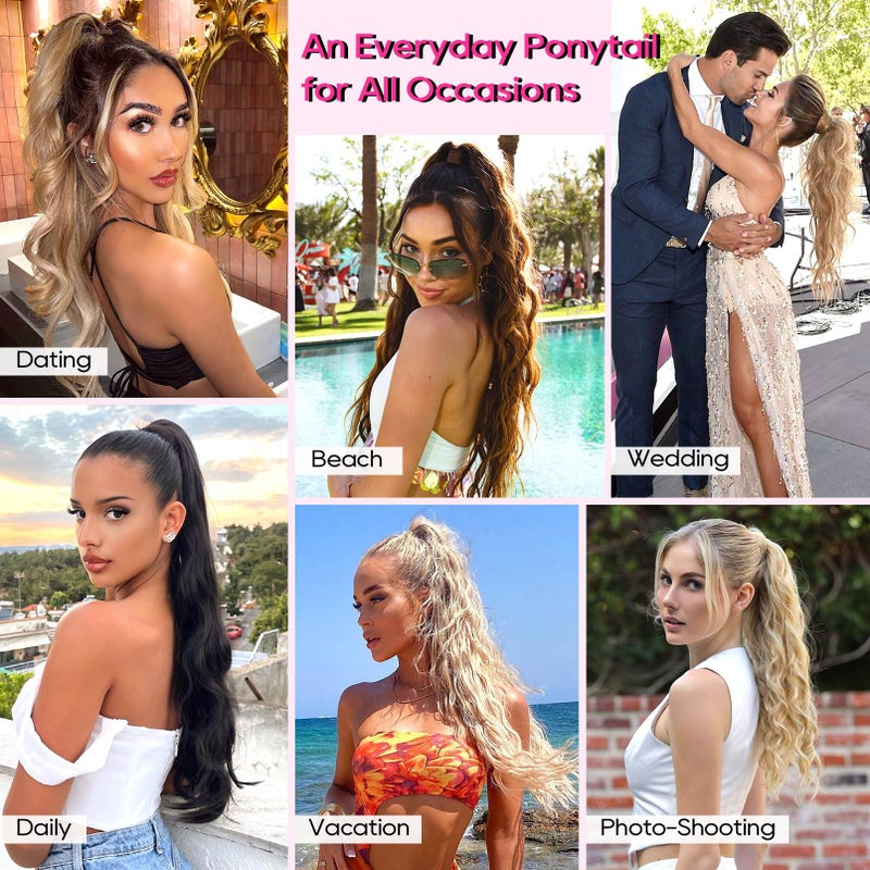 REECHO Ponytail Extension, 24" Claw Clip in Ponytail Extensions Long Curly Wavy Ponytail Hair Extension Jaw Clip on Pony Tails Hairpiece for Women - Dark Ash Blonde with Golden Ends - Image 5