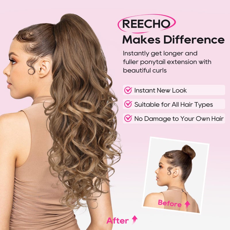 REECHO Ponytail Extension, 24" Claw Clip in Ponytail Extensions Long Curly Wavy Ponytail Hair Extension Jaw Clip on Pony Tails Hairpiece for Women - Dark Ash Blonde with Golden Ends - Image 3
