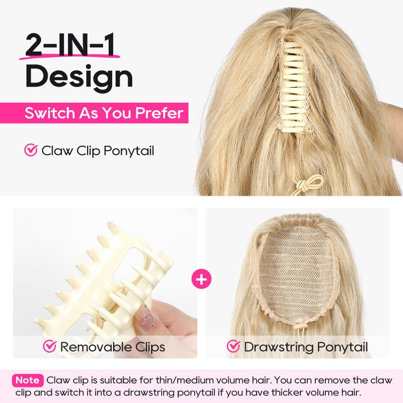 REECHO Ponytail Extension, 24" Claw Clip in Ponytail Extensions Long Curly Wavy Ponytail Hair Extension Jaw Clip on Pony Tails Hairpiece for Women - Dark Ash Blonde with Golden Ends - Image 4