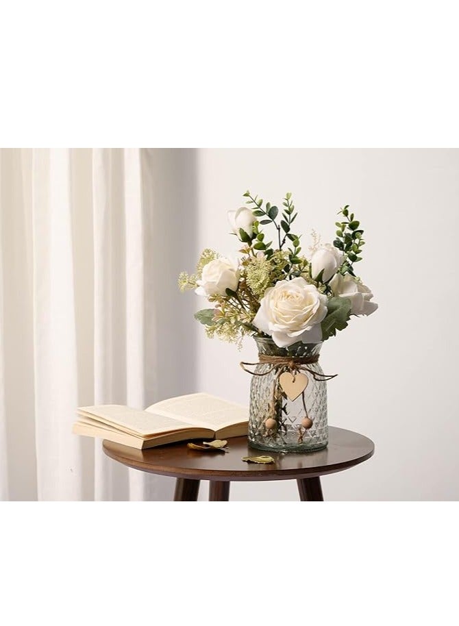 DUNISO Fake Flowers, Silk Roses Artificial Flowers, White Faux Flower Arrangement Suitable for Home Office Decoration, Dining Table Centerpiece - Image 5