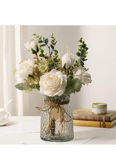 DUNISO Fake Flowers, Silk Roses Artificial Flowers in Vase, White Faux Flower Arrangement Suitable for Home Office Decoration, Dining Table Centerpiece (No Vase)  - Image 1