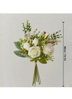 DUNISO Fake Flowers, Silk Roses Artificial Flowers in Vase, White Faux Flower Arrangement Suitable for Home Office Decoration, Dining Table Centerpiece (No Vase)  - Image 2