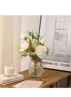 DUNISO Fake Flowers, Silk Roses Artificial Flowers in Vase, White Faux Flower Arrangement Suitable for Home Office Decoration, Dining Table Centerpiece (No Vase)  - Image 5