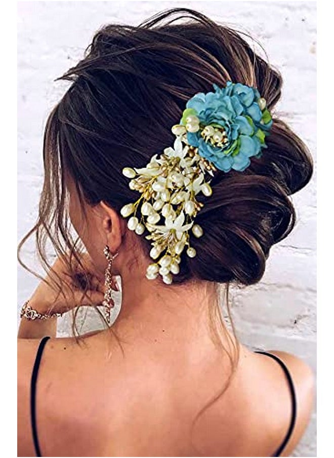 Hair Flare Artificial Peony Flower With Pearl Hair Comb Slide Hair Juda Bun Accessories Side Hair Pin For Girls & Women Blue 2216  - Image 3