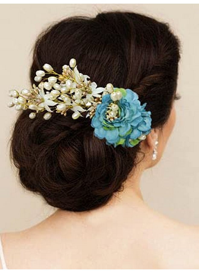 Hair Flare Artificial Peony Flower With Pearl Hair Comb Slide Hair Juda Bun Accessories Side Hair Pin For Girls & Women Blue 2216  - Image 1