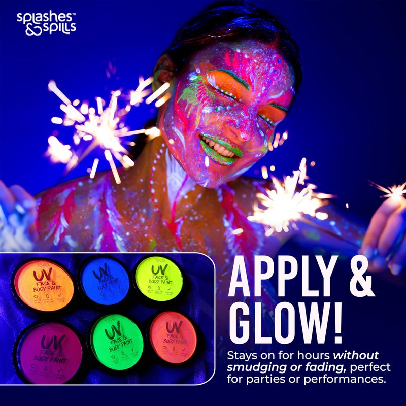 Splashes & Spills Water Activated UV Black Light Face and Body Paint - 6 Color Pack - Costume, Halloween, Club, and Rave Makeup - Safe for all Skin Types - Easy On and Off - 18g Cakes - by Splashes & Spills - Image 5