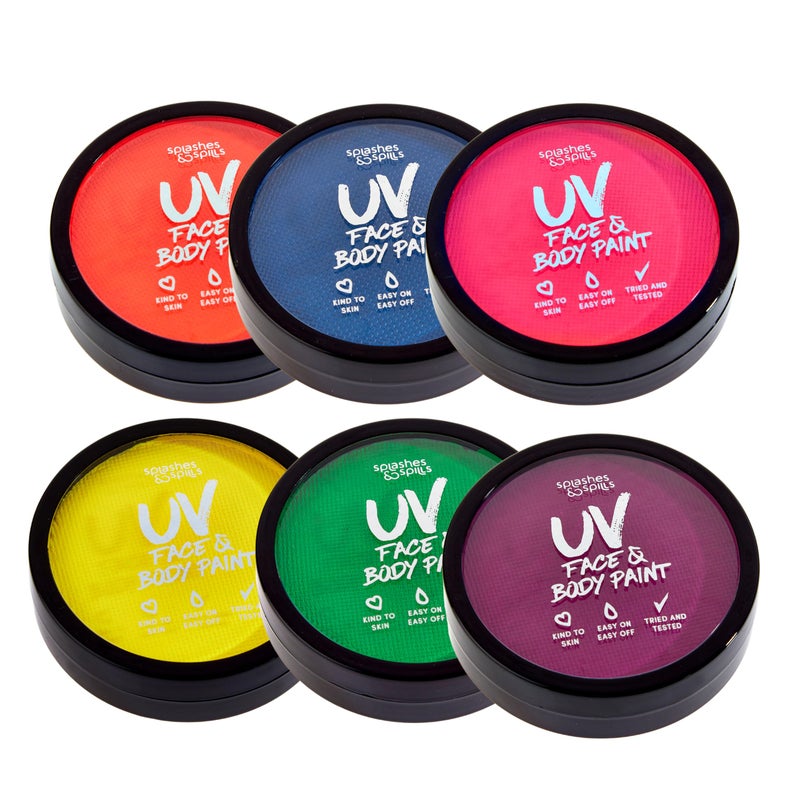 Splashes & Spills Water Activated UV Black Light Face and Body Paint - 6 Color Pack - Costume, Halloween, Club, and Rave Makeup - Safe for all Skin Types - Easy On and Off - 18g Cakes - by Splashes & Spills - Image 1