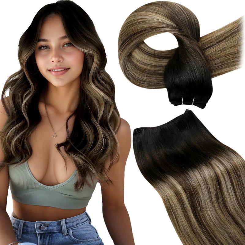 LaaVoo Human Hair Weft Extensions Straight Sew in Hair Extensions Real Human Hair Double Weft Sew in Human Hair Extensions Black Balayage Dark Brown Mix Caramel Blonde 18 Inch 100g - Image 3