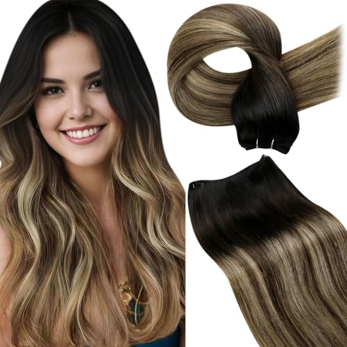 LaaVoo Human Hair Weft Extensions Straight Sew in Hair Extensions Real Human Hair Double Weft Sew in Human Hair Extensions Black Balayage Dark Brown Mix Caramel Blonde 18 Inch 100g - Image 1