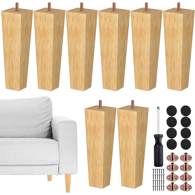 Turstin Set Of 8 Furniture Legs 8 Inch Square Solid Wood Couch Legs Replacement Sofa Legs Mid Century Furniture Feet For Armchair Bed Dresser Cabinet Include Installation Hardware  Natural - Image 1