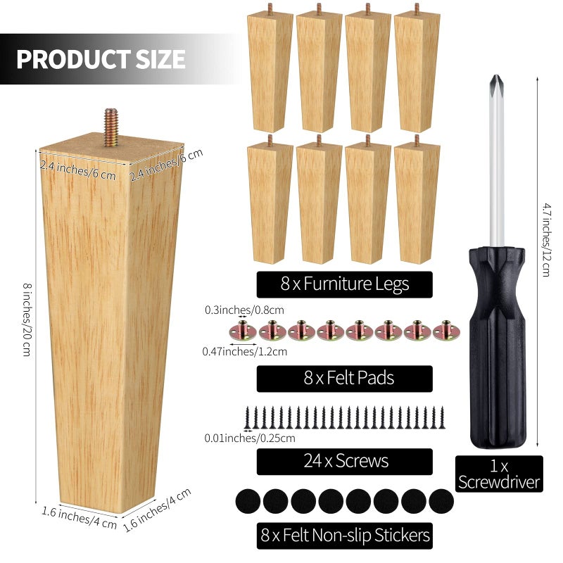 Turstin Set Of 8 Furniture Legs 8 Inch Square Solid Wood Couch Legs Replacement Sofa Legs Mid Century Furniture Feet For Armchair Bed Dresser Cabinet Include Installation Hardware  Natural - Image 2