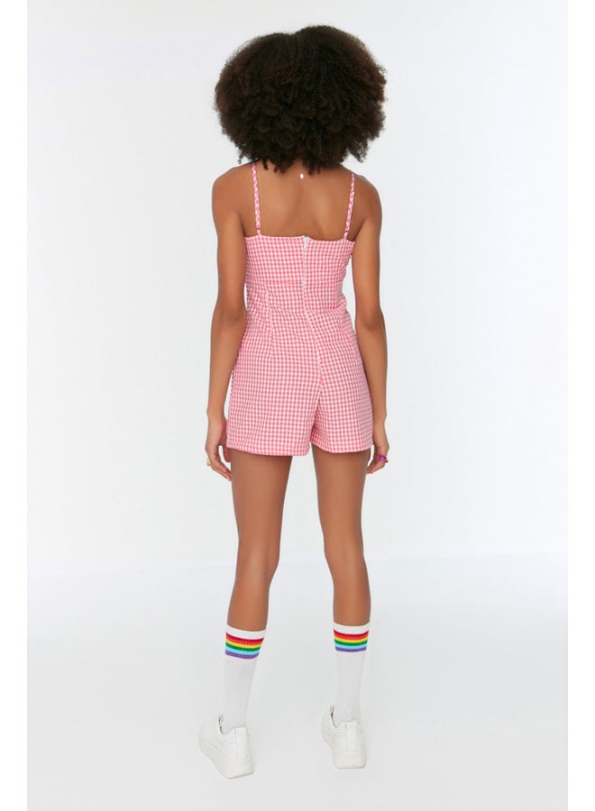 trendyol Pink Checkered Window Detailed Strappy Mini Woven Jumpsuit TWOSS22TU0277 - Image 5