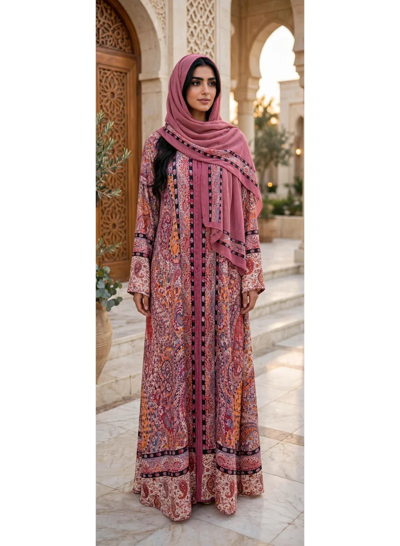 Vibrant Paisley Printed Open-Front Flared Abaya