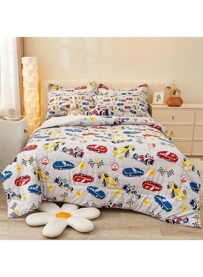 Mooreeke Twin Size Comforter Sets for Boys Kids, 6 Pieces Bed in a Bag Racing Car Bedding Comforter Sheet Set with Shams and Decorative Toy Pillow, Ultra Soft Microfiber Kids Bed Set  - Image 1