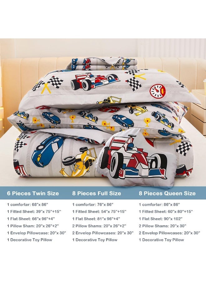 Mooreeke Twin Size Comforter Sets for Boys Kids, 6 Pieces Bed in a Bag Racing Car Bedding Comforter Sheet Set with Shams and Decorative Toy Pillow, Ultra Soft Microfiber Kids Bed Set  - Image 2