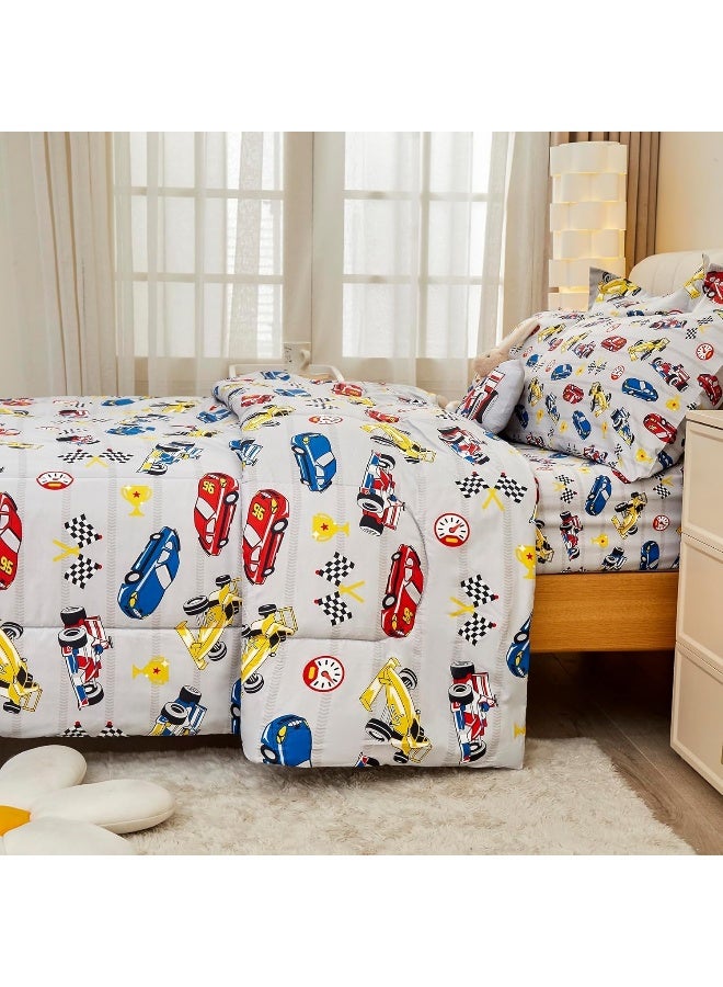 Mooreeke Twin Size Comforter Sets for Boys Kids, 6 Pieces Bed in a Bag Racing Car Bedding Comforter Sheet Set with Shams and Decorative Toy Pillow, Ultra Soft Microfiber Kids Bed Set  - Image 4