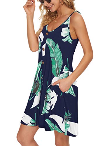 MISFAY Women Summer Spaghetti Strap Button V Neck Sleeveless Causal Beach Cover Up with Pocket(Print Blue,XL) - Image 2