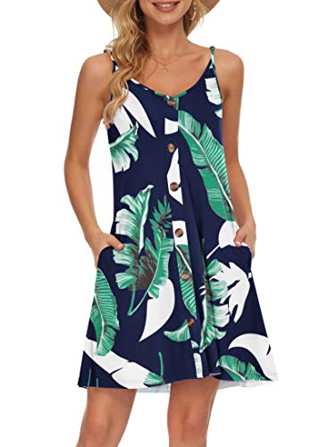 MISFAY Women Summer Spaghetti Strap Button V Neck Sleeveless Causal Beach Cover Up with Pocket(Print Blue,XL) - Image 1