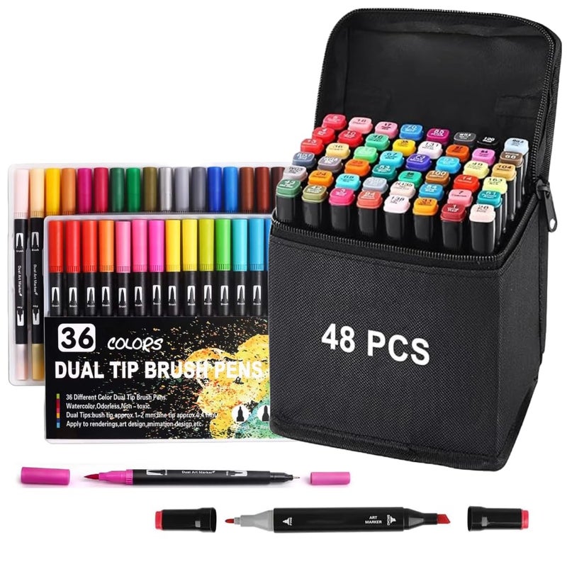 Corslet مجموعة أقلام ماركر مزدوجة الطرف 84 قطعة مجموعة أقلام ماركر كحولية 48 قطعة ومجموعة أقلام فرشاة 36 قطعة أدوات مكتبية مجموعة أقلام رسم للأطفال مجموعة أقلام ماركر كحولية للرسم والخط - Image 1
