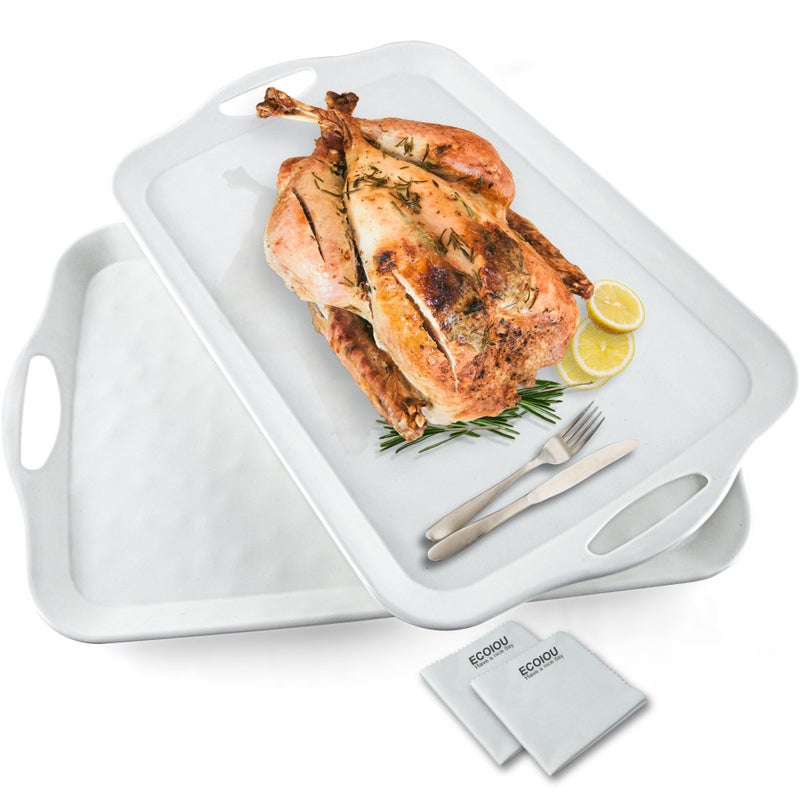 ECOIOU Extra Large Serving Tray with Handles, 20x13 inch, Set of 2 Melamine Platters for Serving Food, Turkey, Cookie, Rectangular Trays for Eating, Raised Dots Matt Finished, Dishwasher Safe, White - Image 1