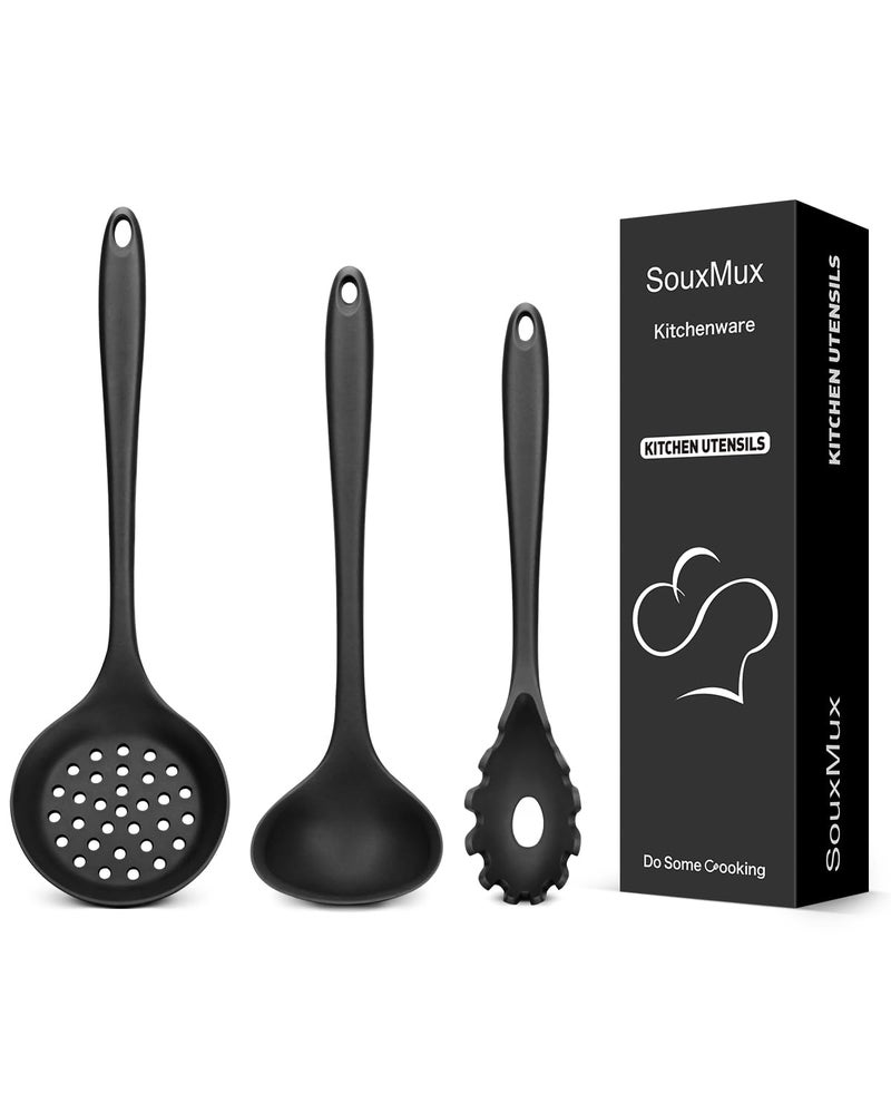 3 Pcs Silicone Kitchen Utensils Set Soup LadlePasta ForkSlottede Spoon Nonstick BPA Free High Heat Resistant Cooking Utensils for Mixing Serving Draining Turning Stirring