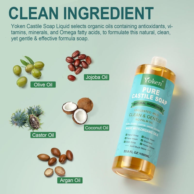 Yoken EWG Verified Castile Soap Liquid Unscented 33.8 fl oz Pure Castile Liquid Cleanser Made With Organic Oil, Clean & Gentle, Natural Castor Oil Soap for Body Wash, Hand, Dishes, Laundry - Image 3