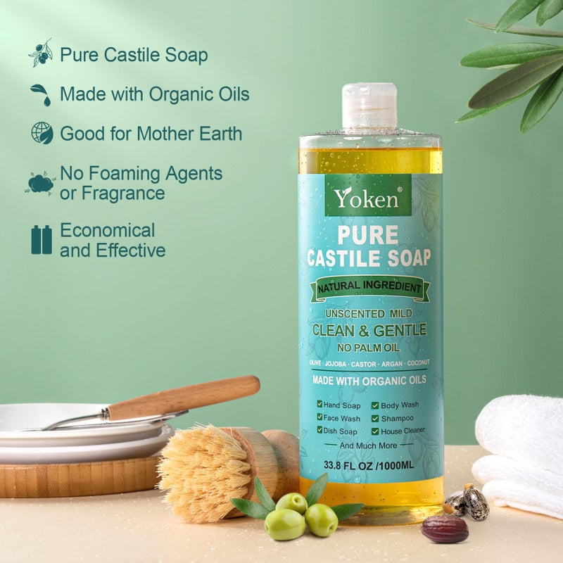 Yoken EWG Verified Castile Soap Liquid Unscented 33.8 fl oz Pure Castile Liquid Cleanser Made With Organic Oil, Clean & Gentle, Natural Castor Oil Soap for Body Wash, Hand, Dishes, Laundry - Image 2
