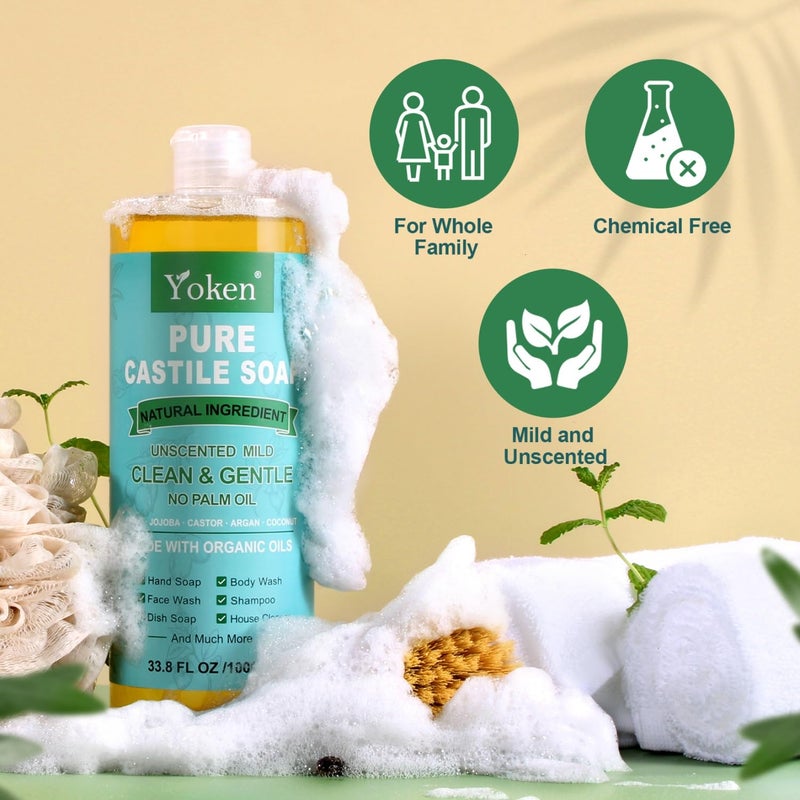 Yoken EWG Verified Castile Soap Liquid Unscented 33.8 fl oz Pure Castile Liquid Cleanser Made With Organic Oil, Clean & Gentle, Natural Castor Oil Soap for Body Wash, Hand, Dishes, Laundry - Image 5