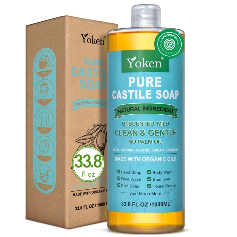 Yoken EWG Verified Castile Soap Liquid Unscented 33.8 fl oz Pure Castile Liquid Cleanser Made With Organic Oil, Clean & Gentle, Natural Castor Oil Soap for Body Wash, Hand, Dishes, Laundry - Image 1