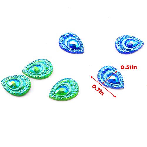 DZS Elec 50pcs Birdseye Water Drop Blue and Green Double Color Edge Flat Bottom Resin Peacock Feather Rhinestones Beads for Sewing DIY Crafts Accessories - Image 2