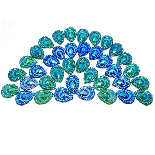 DZS Elec 50pcs Birdseye Water Drop Blue and Green Double Color Edge Flat Bottom Resin Peacock Feather Rhinestones Beads for Sewing DIY Crafts Accessories - Image 1