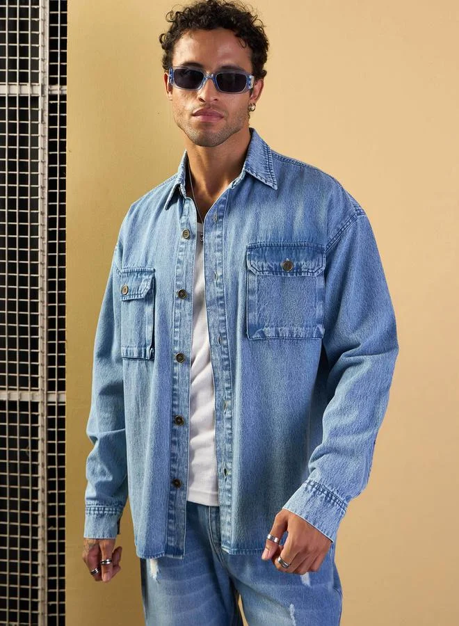Mascln Sassafras Washed Denim Oversized Shacket by Styli