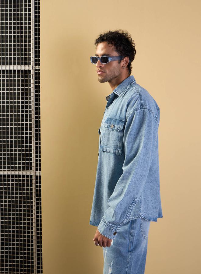 Mascln Sassafras Washed Denim Oversized Shacket - Image 3