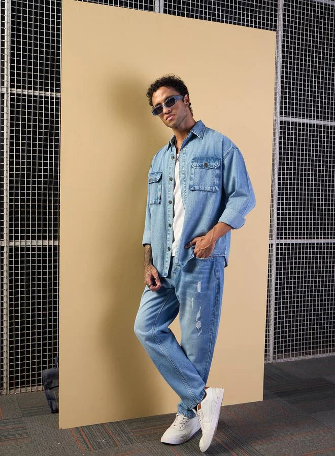 Mascln Sassafras Washed Denim Oversized Shacket by Styli