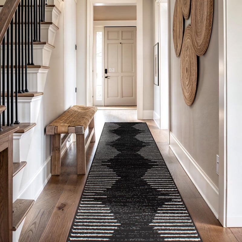 Rugshop Bohemian Stripe Stain Resistant High Traffic Living Room Kitchen Bedroom Dining Home Office Runner Rug 2'7" x 10' Black - Image 3