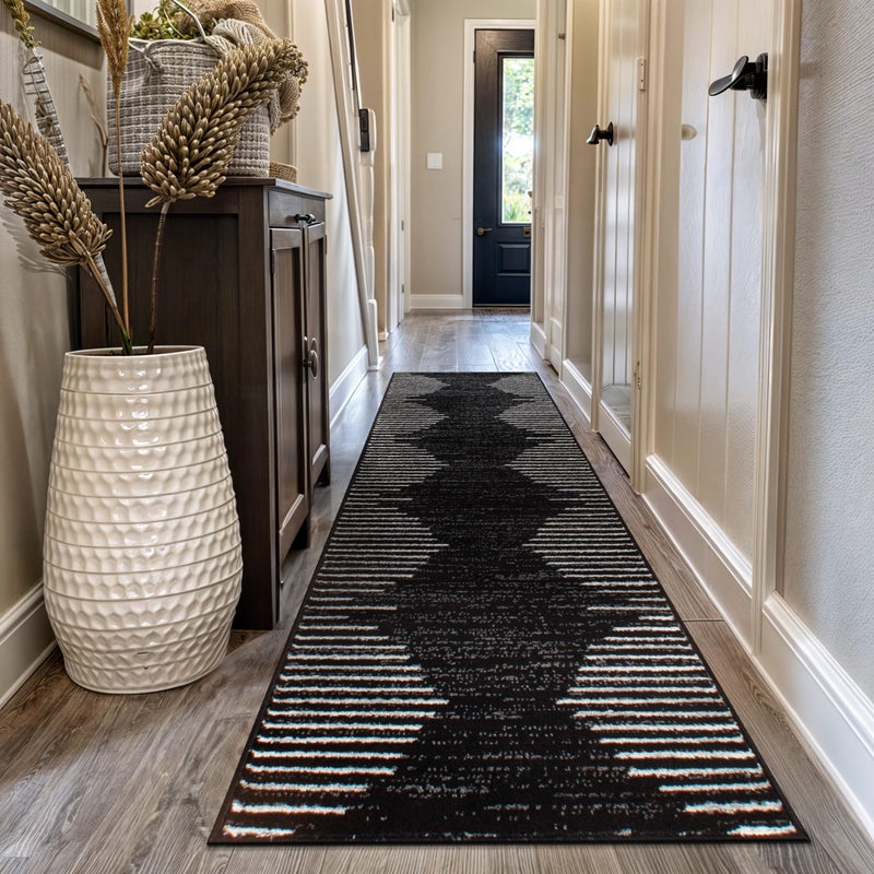 Rugshop Bohemian Stripe Stain Resistant High Traffic Living Room Kitchen Bedroom Dining Home Office Runner Rug 2'7" x 10' Black - Image 1