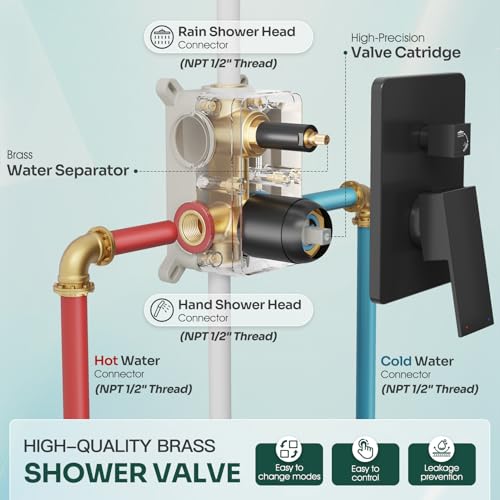 HoliSpa Ceiling Mount Shower System, Black Shower Faucet Set with 12-Inch Rain Showerhead and Handheld Spray Combo, High-Pressure Showerheads Set with Valve and Trim Kit, Matte Black - Image 5