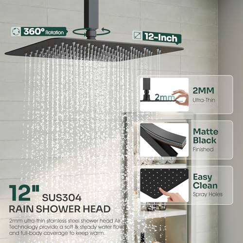 HoliSpa Ceiling Mount Shower System, Black Shower Faucet Set with 12-Inch Rain Showerhead and Handheld Spray Combo, High-Pressure Showerheads Set with Valve and Trim Kit, Matte Black - Image 3
