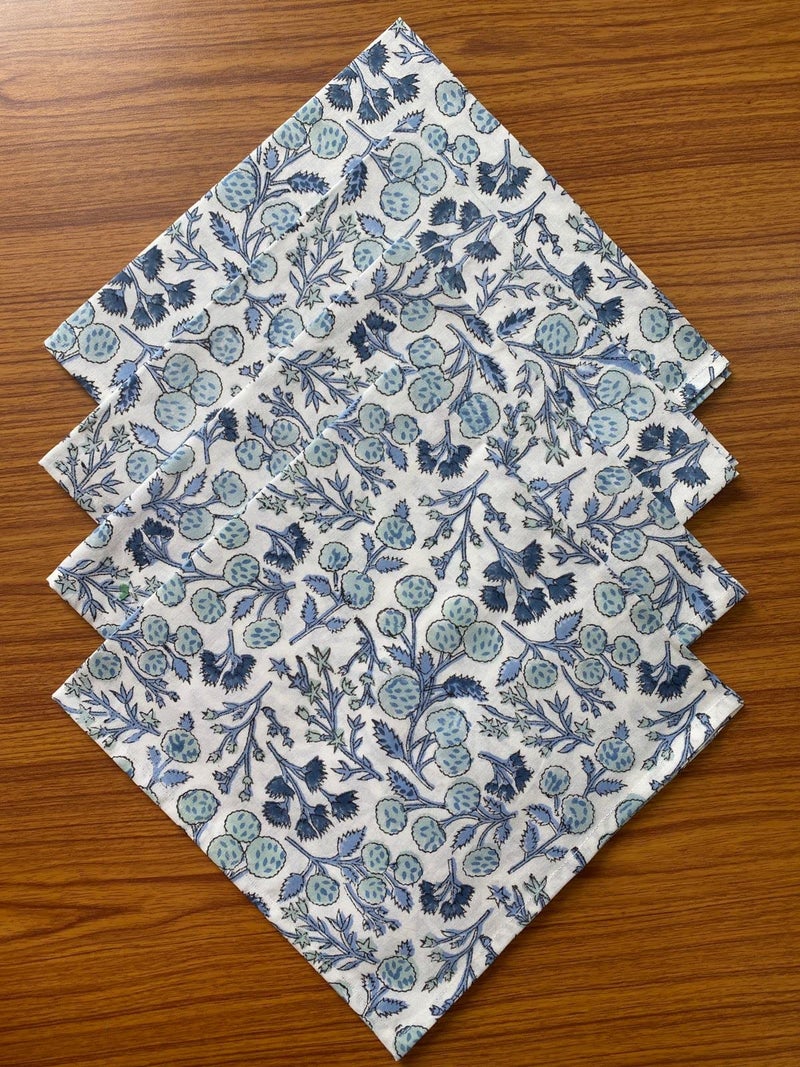 Ridhi Home Kitchen Linen 100 Cotton Cloth Dinner Napkins Handmade Floral Block Print Soft Designer Napkins Denim Blue
