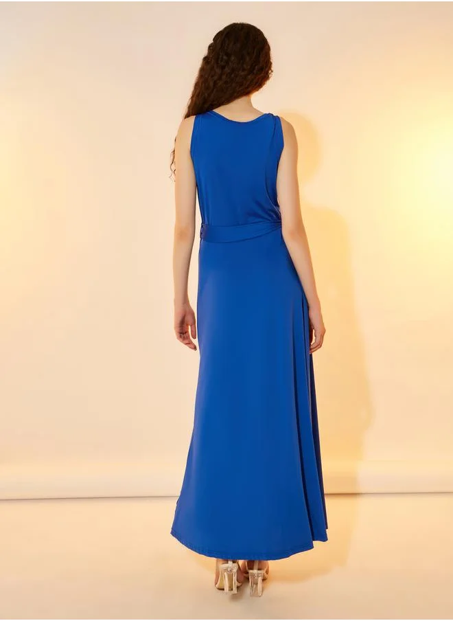 Styli V Neck Wrap Maxi Dress with Tie-Up Detail